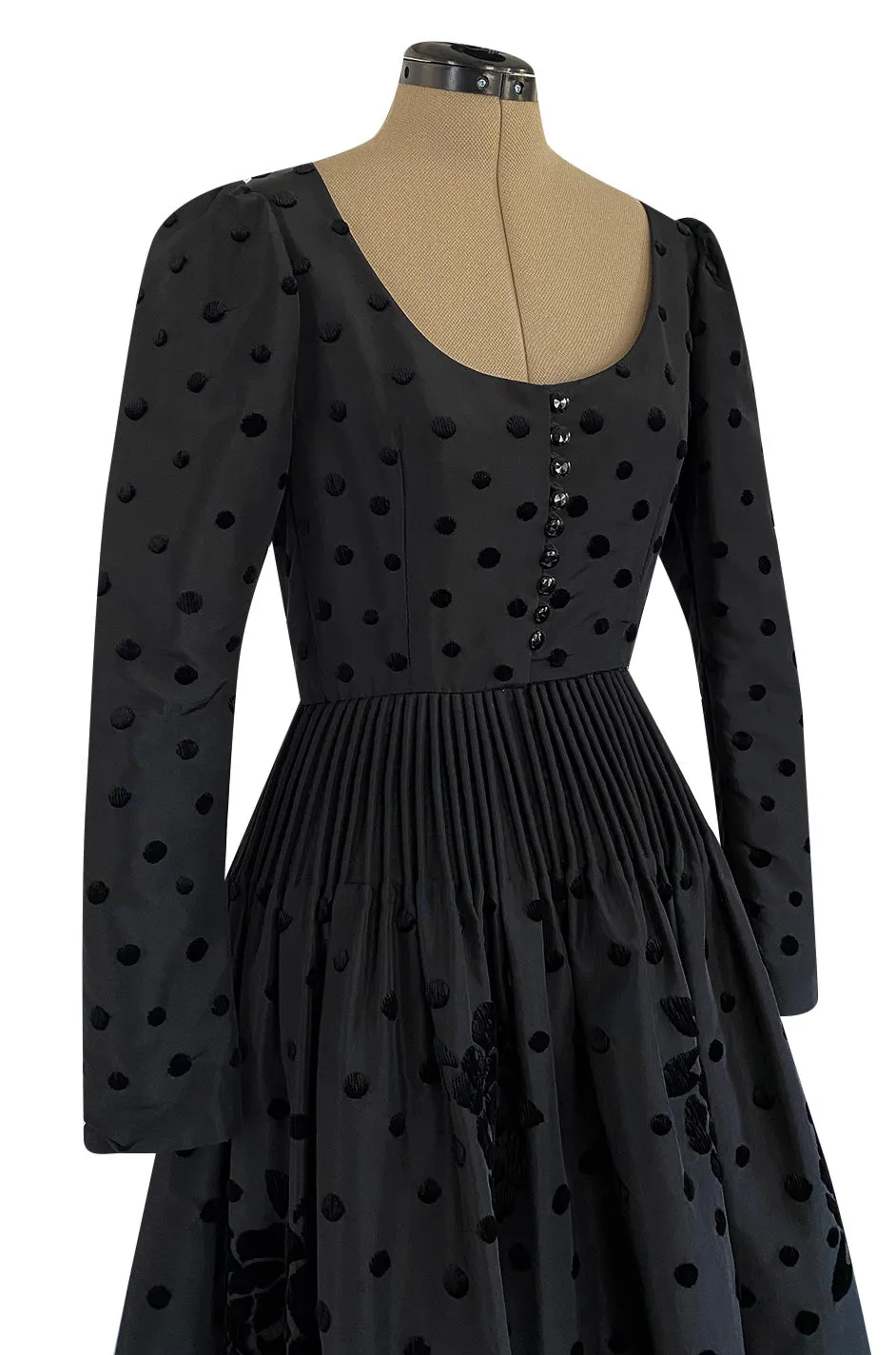 Fall 1974 Louis Mies Couture YSL Silk Taffeta Dress w Hand Embroidered Velvet Rose Detail