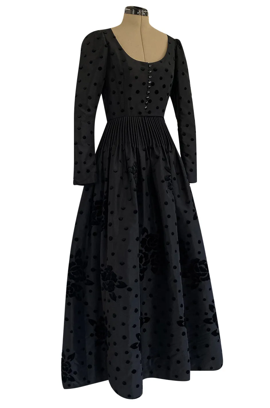 Fall 1974 Louis Mies Couture YSL Silk Taffeta Dress w Hand Embroidered Velvet Rose Detail