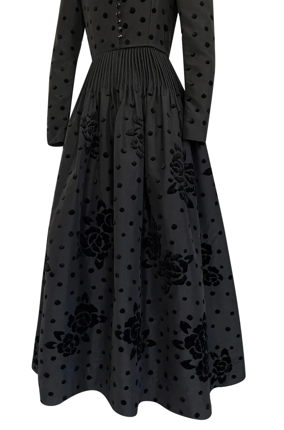 Fall 1974 Louis Mies Couture YSL Silk Taffeta Dress w Hand Embroidered Velvet Rose Detail
