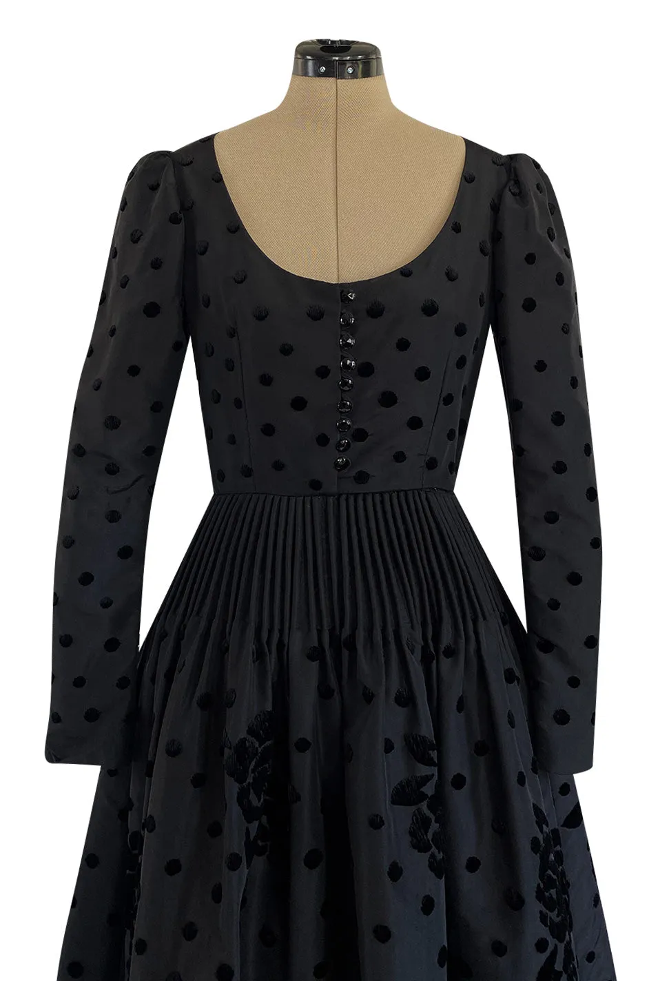 Fall 1974 Louis Mies Couture YSL Silk Taffeta Dress w Hand Embroidered Velvet Rose Detail