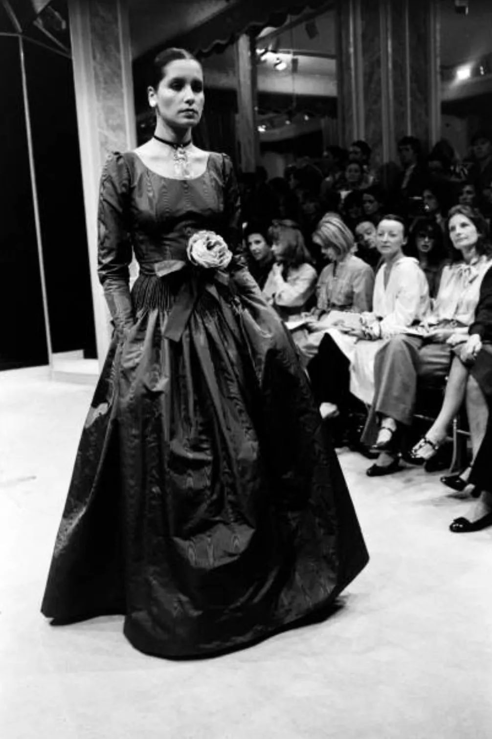 Fall 1974 Louis Mies Couture YSL Silk Taffeta Dress w Hand Embroidered Velvet Rose Detail