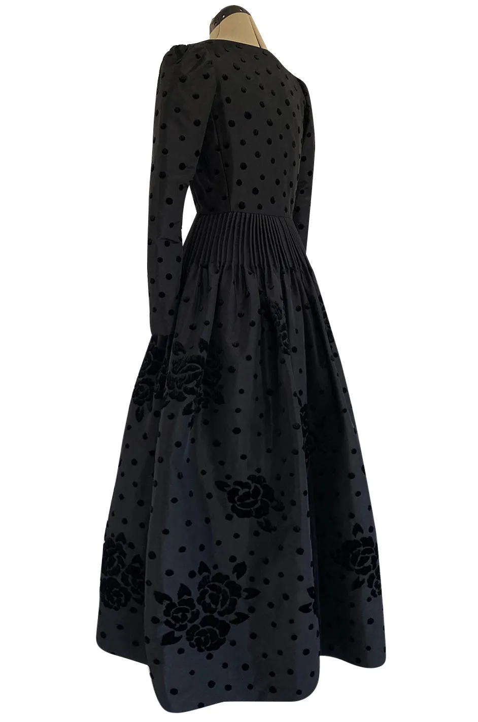 Fall 1974 Louis Mies Couture YSL Silk Taffeta Dress w Hand Embroidered Velvet Rose Detail
