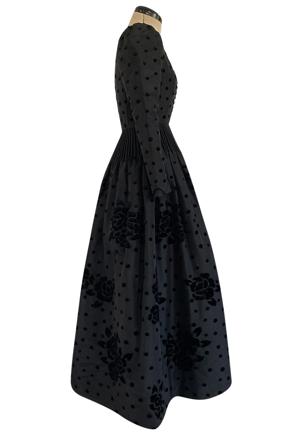Fall 1974 Louis Mies Couture YSL Silk Taffeta Dress w Hand Embroidered Velvet Rose Detail
