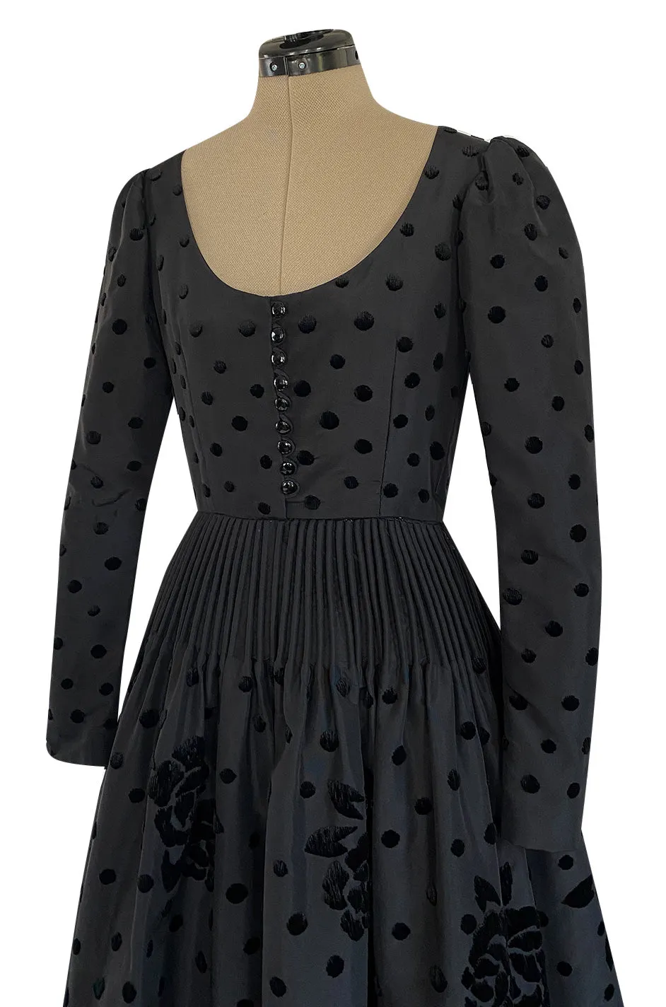 Fall 1974 Louis Mies Couture YSL Silk Taffeta Dress w Hand Embroidered Velvet Rose Detail