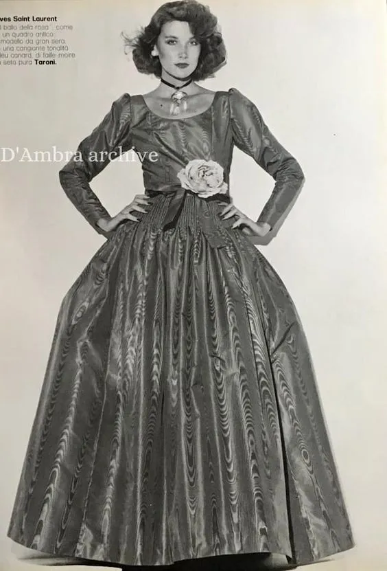Fall 1974 Louis Mies Couture YSL Silk Taffeta Dress w Hand Embroidered Velvet Rose Detail