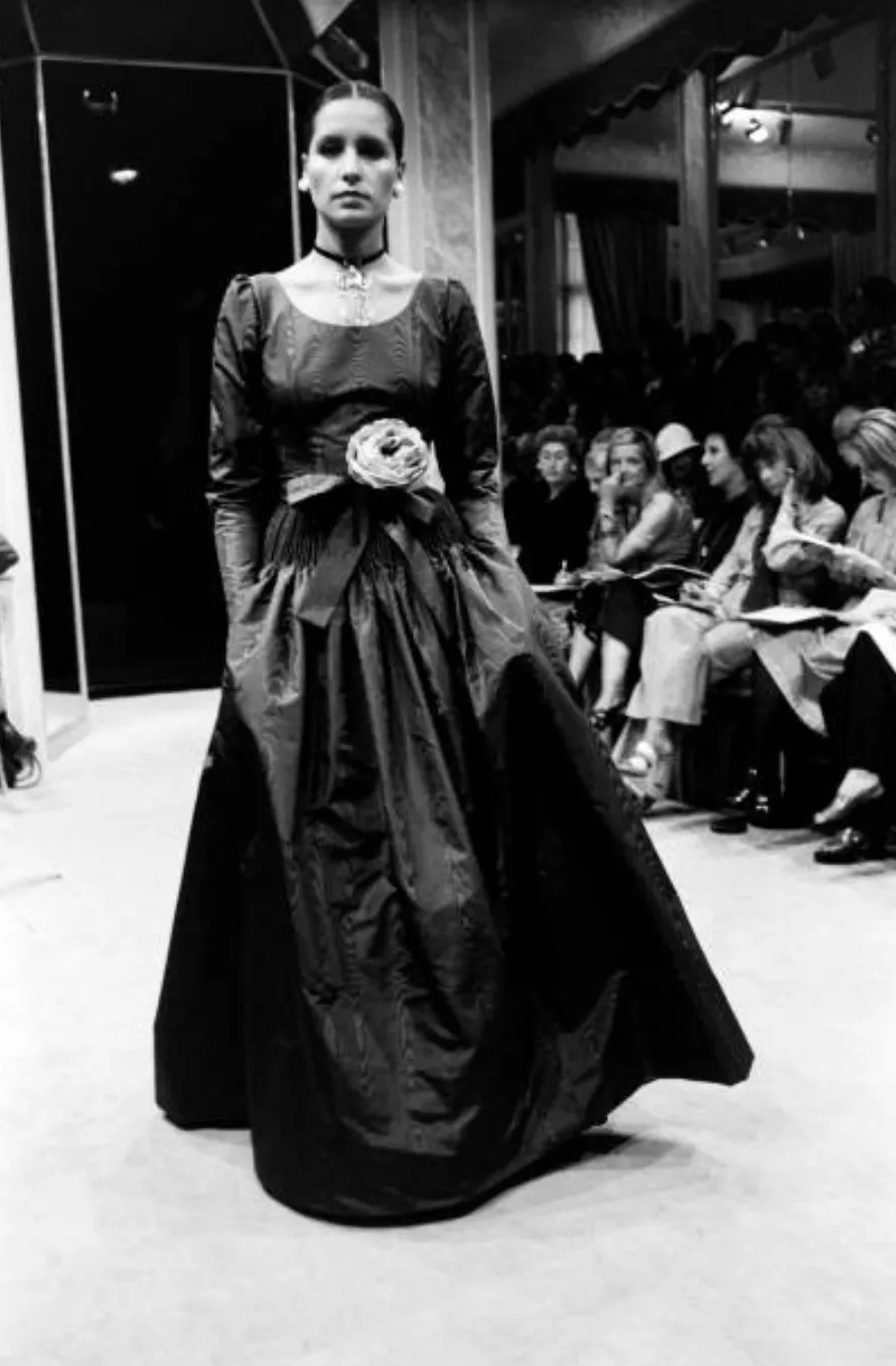 Fall 1974 Louis Mies Couture YSL Silk Taffeta Dress w Hand Embroidered Velvet Rose Detail
