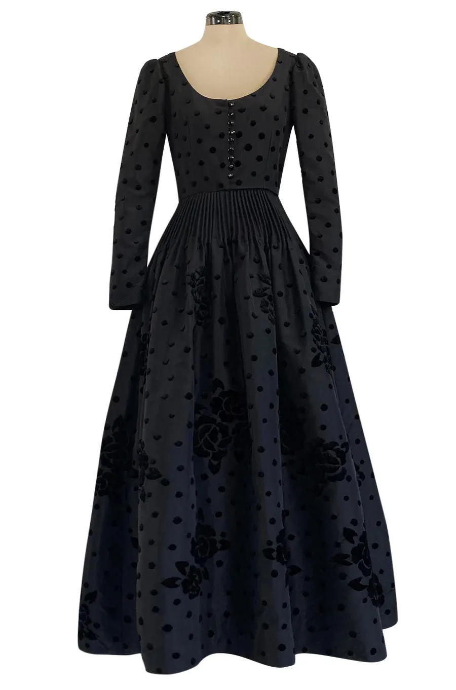 Fall 1974 Louis Mies Couture YSL Silk Taffeta Dress w Hand Embroidered Velvet Rose Detail