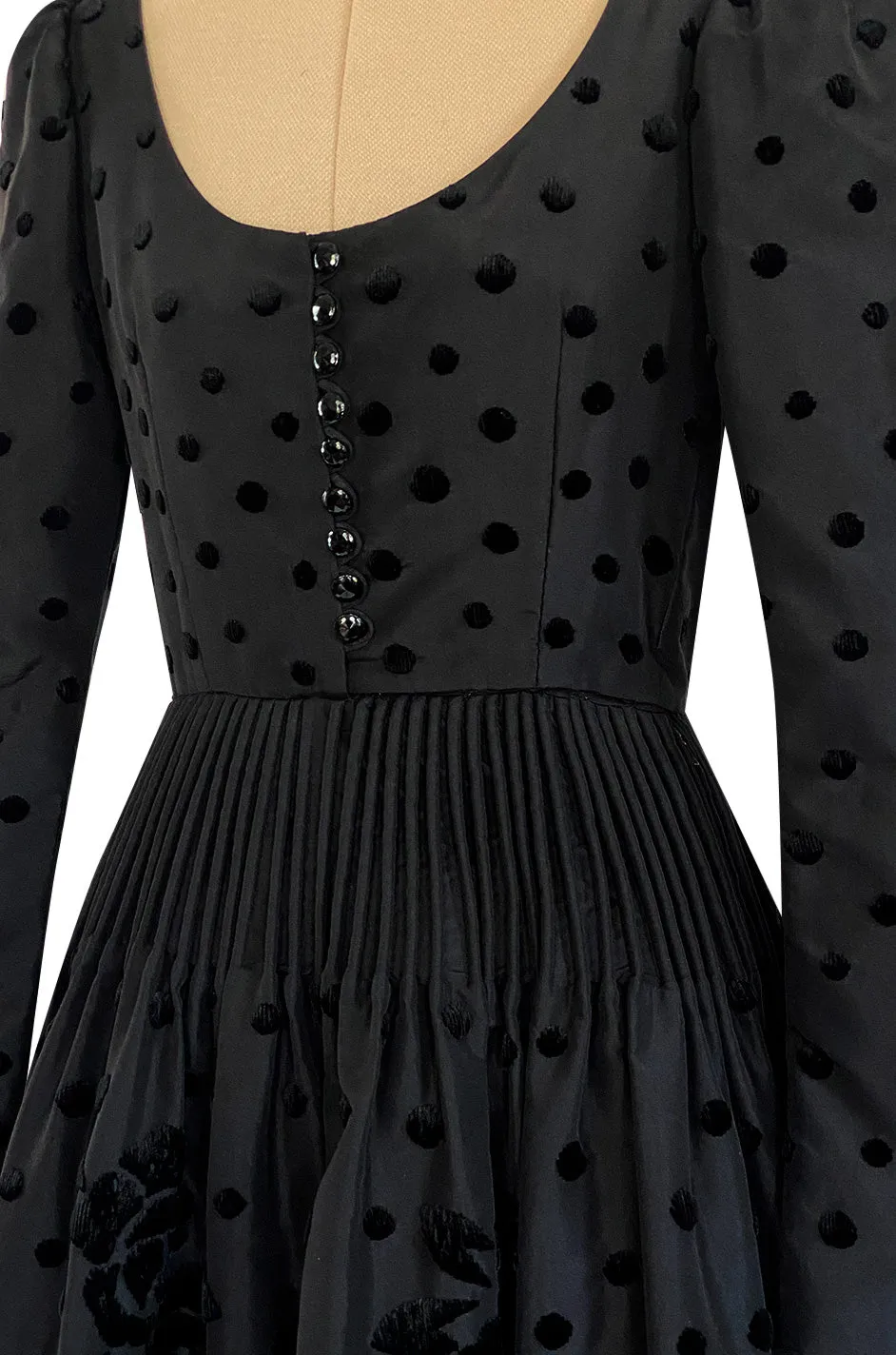 Fall 1974 Louis Mies Couture YSL Silk Taffeta Dress w Hand Embroidered Velvet Rose Detail