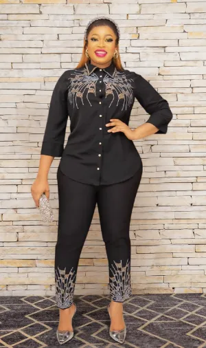FINAL SALE! Alluring Onyx- 2pcs Rhinestone Embellished Blouse/Pant Set (CLEARANCE OUTLET! Final Sale/No Return/No Exchange!)