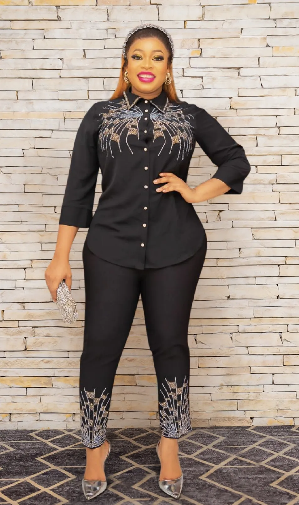 FINAL SALE! Alluring Onyx- 2pcs Rhinestone Embellished Blouse/Pant Set (CLEARANCE OUTLET! Final Sale/No Return/No Exchange!)