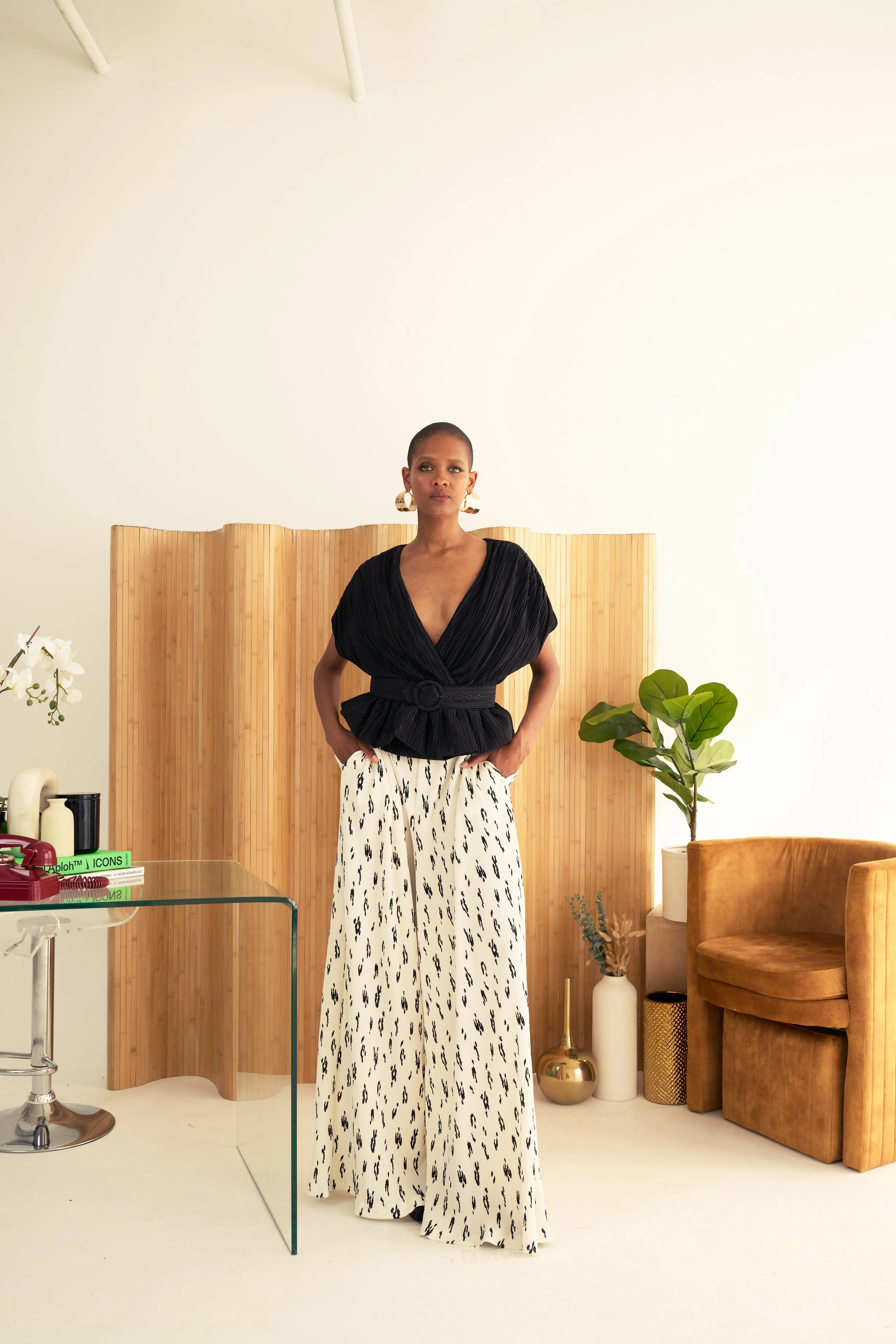 Fine Pleated Belted Wrap Blouse