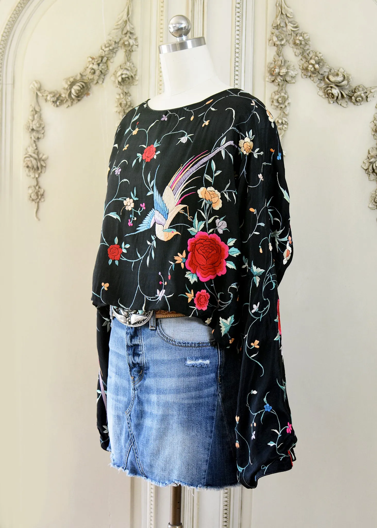Flora Antique Hand Embroidered Black Silk Crepe with Birds & Flowers Crop Top - SOLD