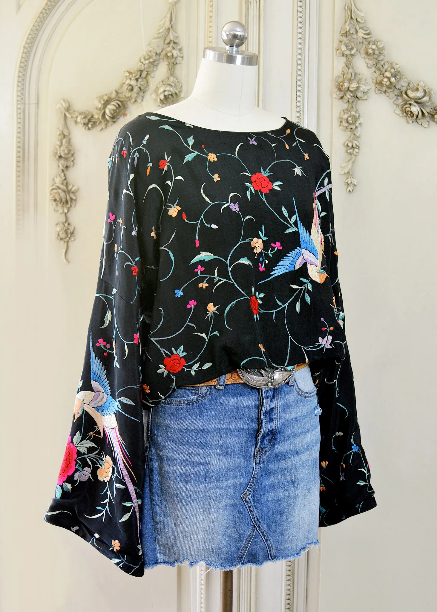 Flora Antique Hand Embroidered Black Silk Crepe with Birds & Flowers Crop Top - SOLD