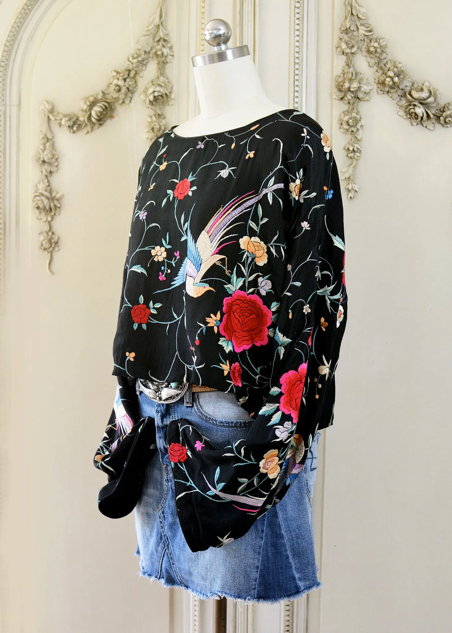 Flora Antique Hand Embroidered Black Silk Crepe with Birds & Flowers Crop Top - SOLD