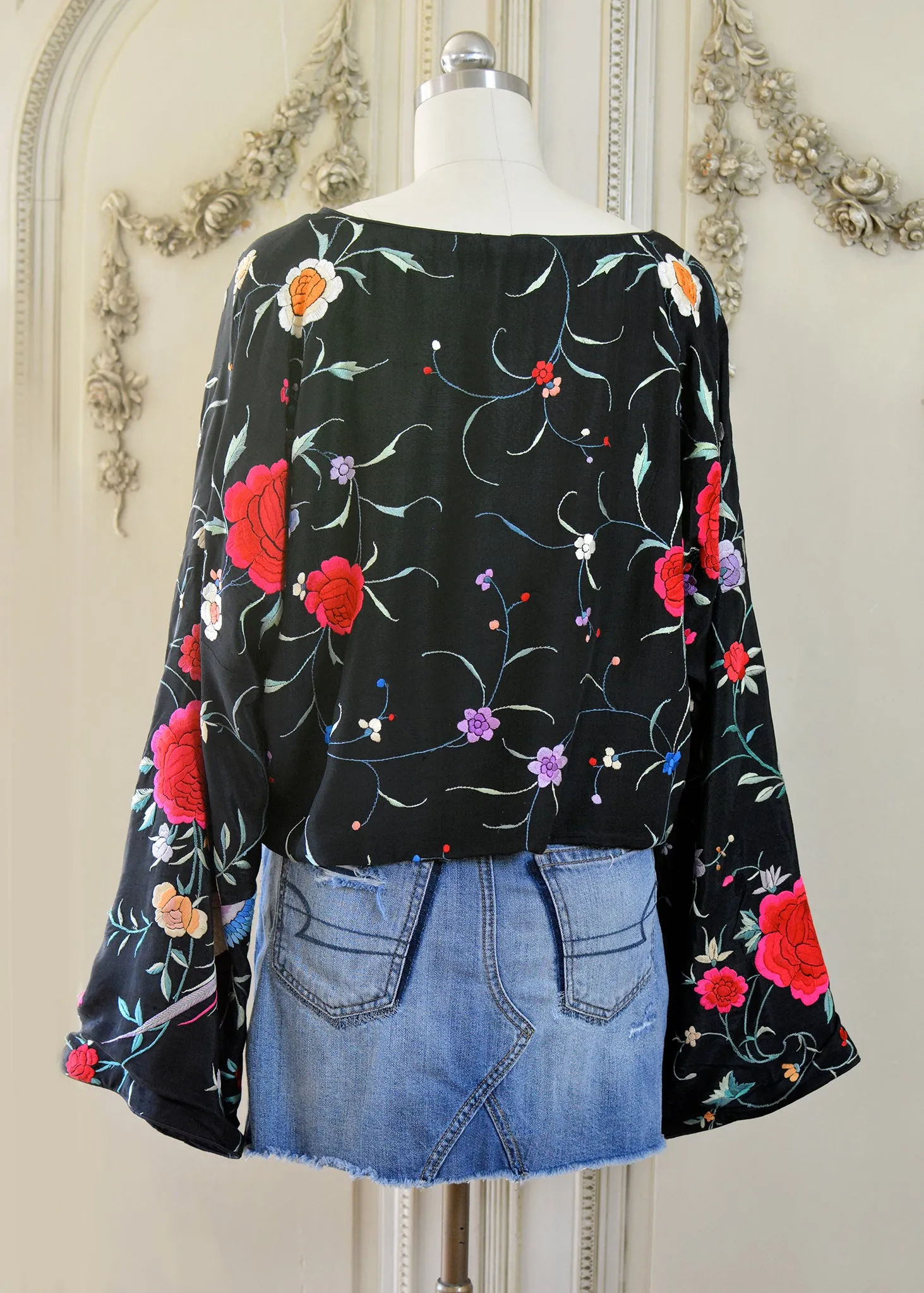 Flora Antique Hand Embroidered Black Silk Crepe with Birds & Flowers Crop Top - SOLD