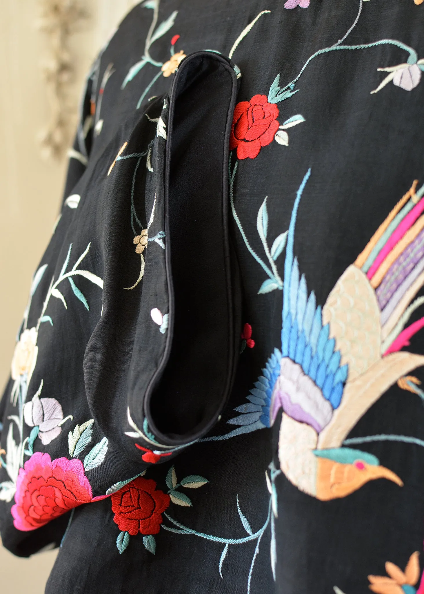 Flora Antique Hand Embroidered Black Silk Crepe with Birds & Flowers Crop Top - SOLD