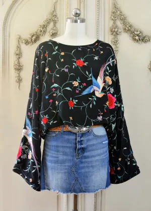 Flora Antique Hand Embroidered Black Silk Crepe with Birds & Flowers Crop Top - SOLD