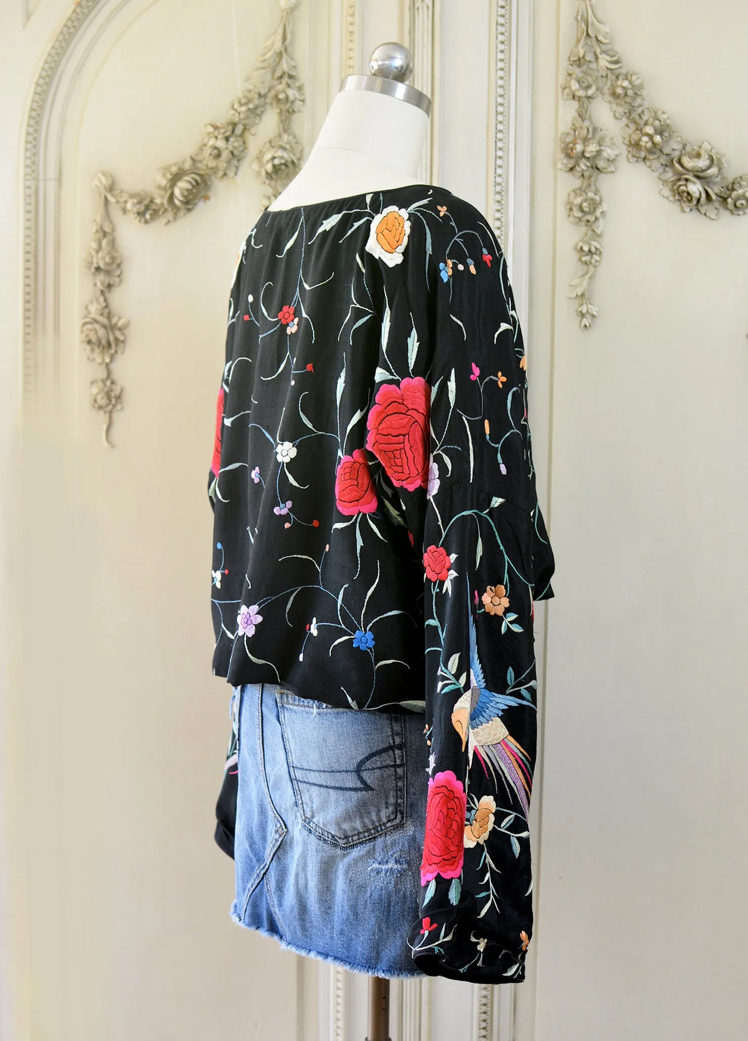 Flora Antique Hand Embroidered Black Silk Crepe with Birds & Flowers Crop Top - SOLD