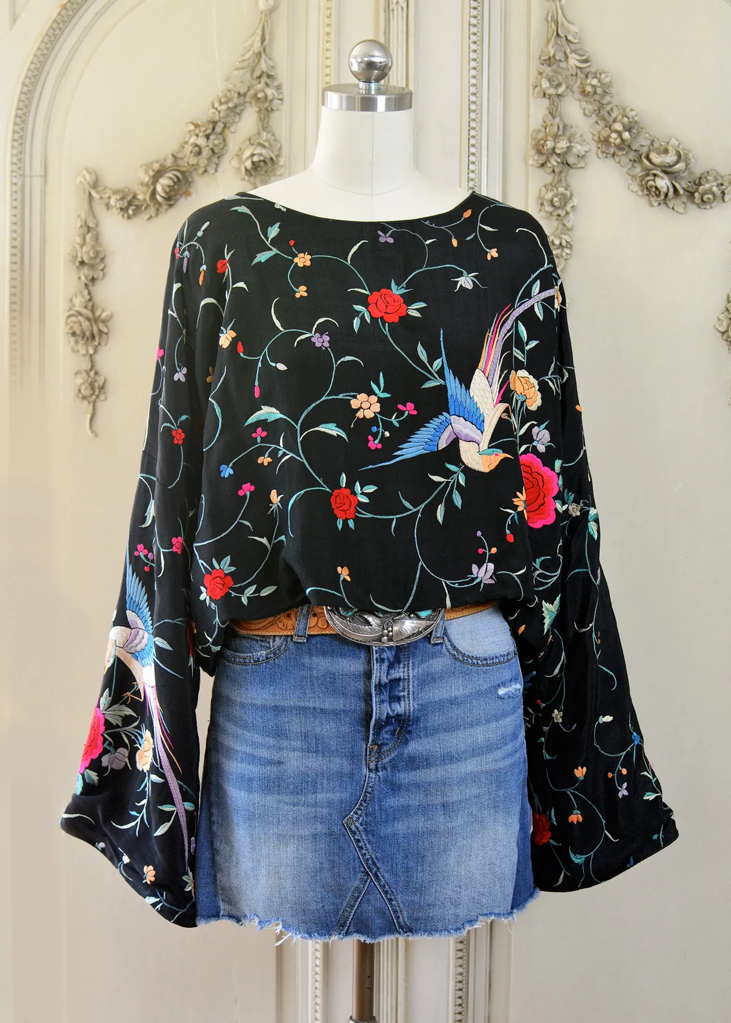 Flora Antique Hand Embroidered Black Silk Crepe with Birds & Flowers Crop Top - SOLD