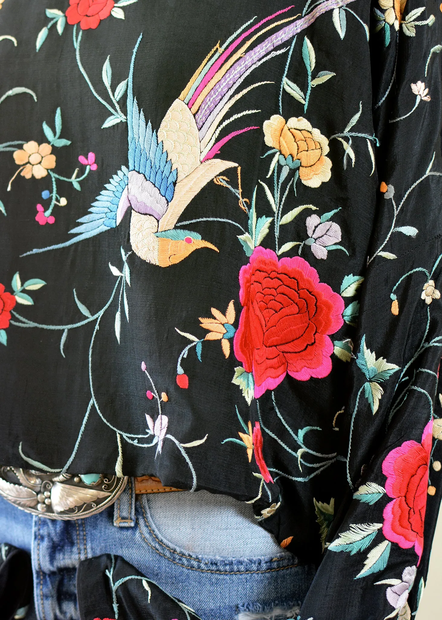 Flora Antique Hand Embroidered Black Silk Crepe with Birds & Flowers Crop Top - SOLD