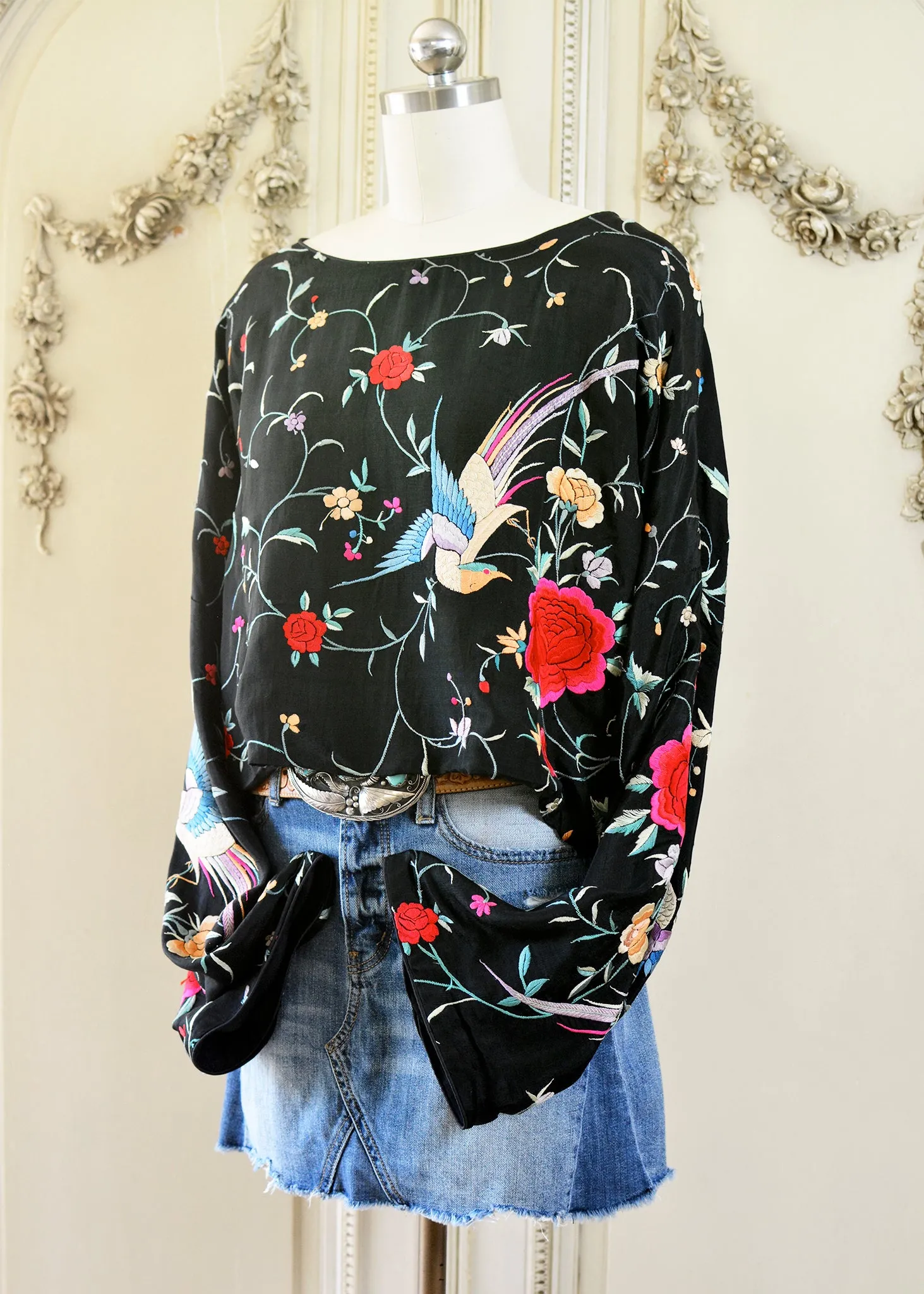 Flora Antique Hand Embroidered Black Silk Crepe with Birds & Flowers Crop Top - SOLD