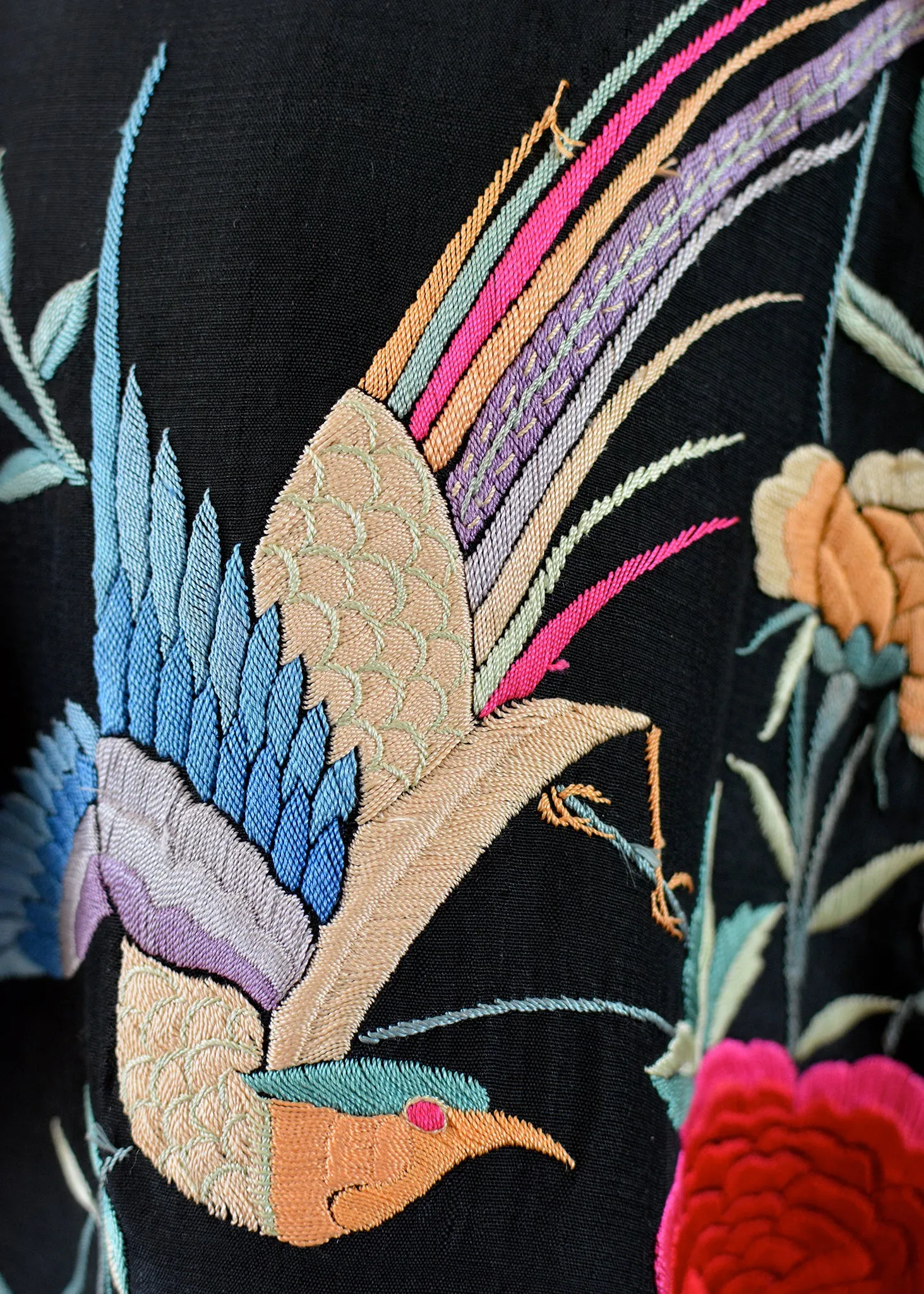 Flora Antique Hand Embroidered Black Silk Crepe with Birds & Flowers Crop Top - SOLD