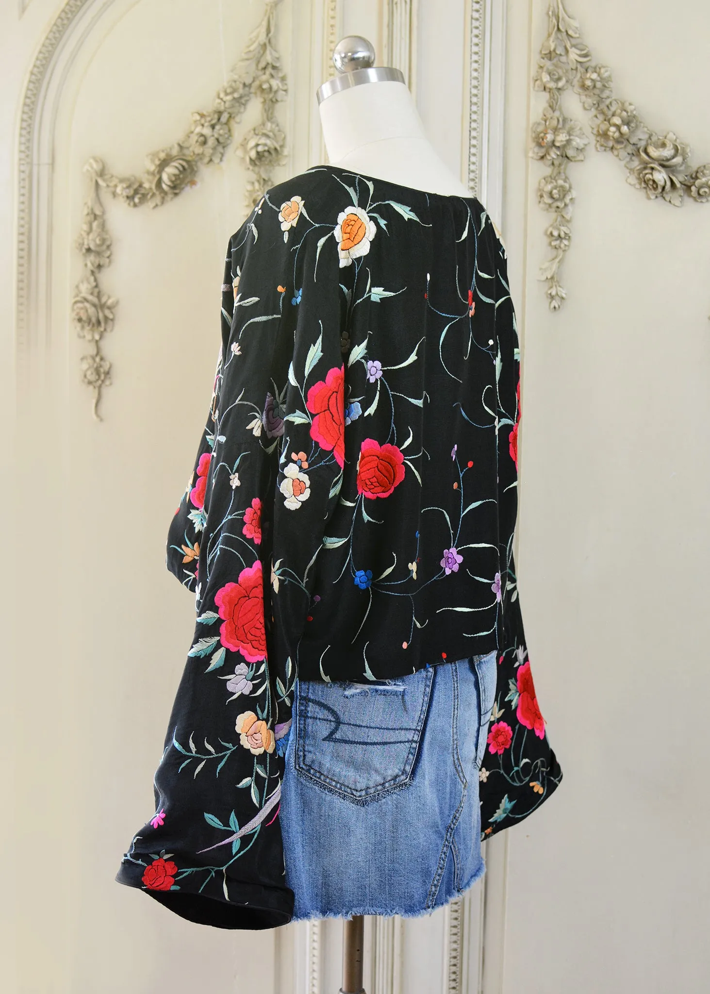 Flora Antique Hand Embroidered Black Silk Crepe with Birds & Flowers Crop Top - SOLD
