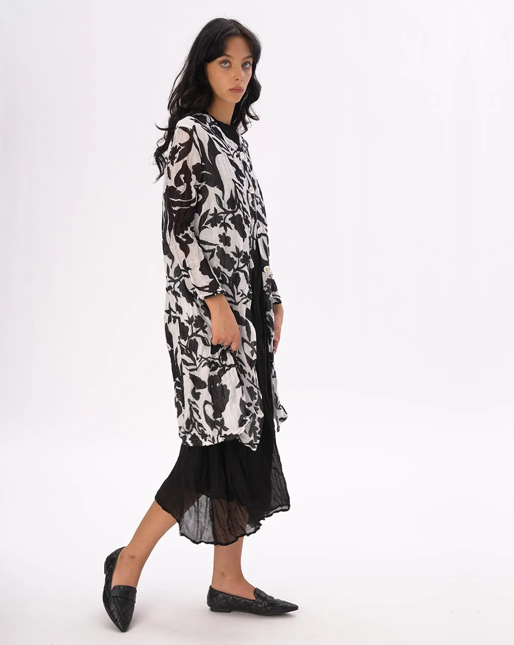 Floral Button Down Crinkled Tunic Shirt