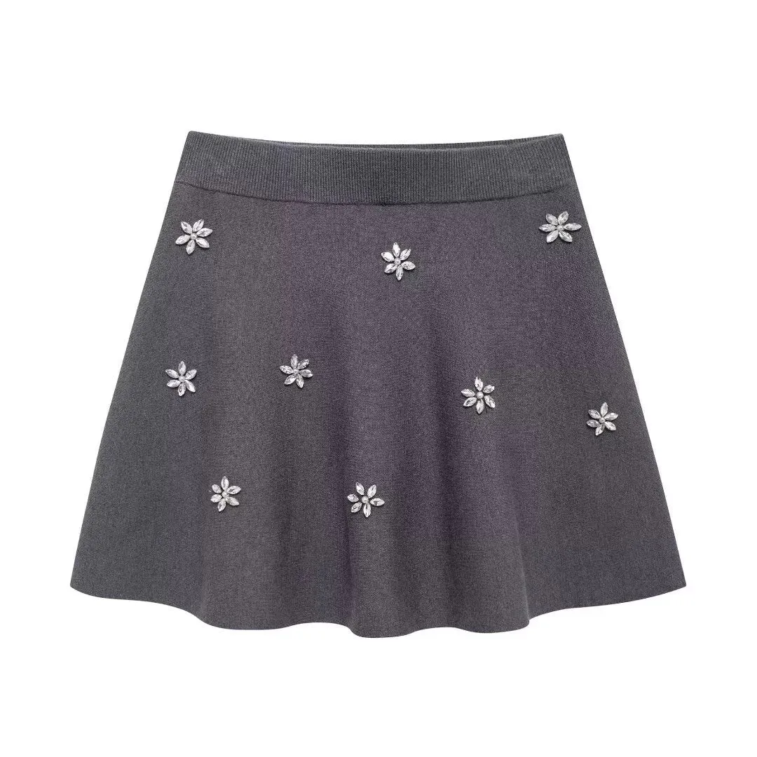 Floral Embroidered Knit Sweater Skirt Set