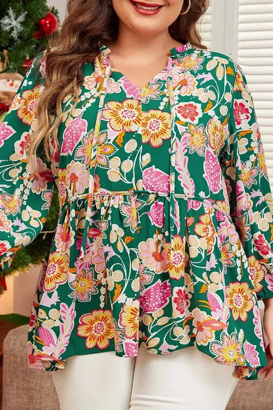 Floral Fever Puff Sleeve Peplum Blouse in Green - Curvy