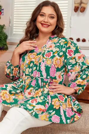 Floral Fever Puff Sleeve Peplum Blouse in Green - Curvy