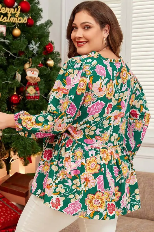 Floral Fever Puff Sleeve Peplum Blouse in Green - Curvy