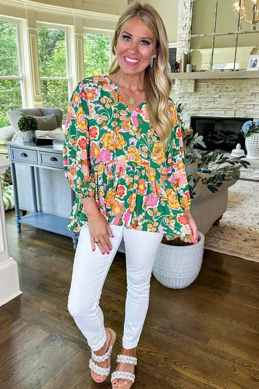 Floral Fever Puff Sleeve Peplum Blouse in Green