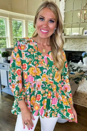Floral Fever Puff Sleeve Peplum Blouse in Green
