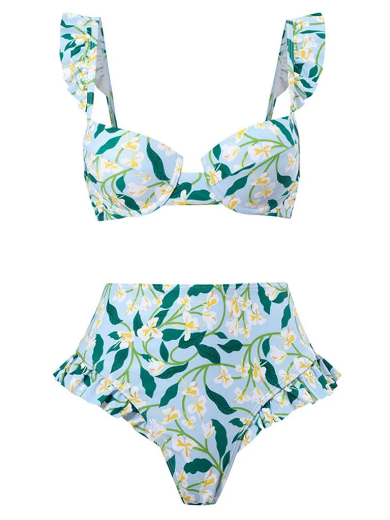 Floral Print Retro Style Strap Bikini Two Piece With Bathing Suit Wrap Skirt
