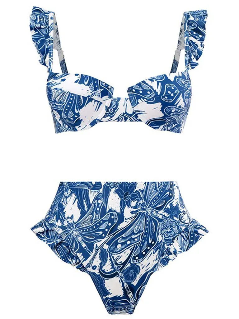 Floral Print Retro Style Strap Bikini Two Piece With Bathing Suit Wrap Skirt