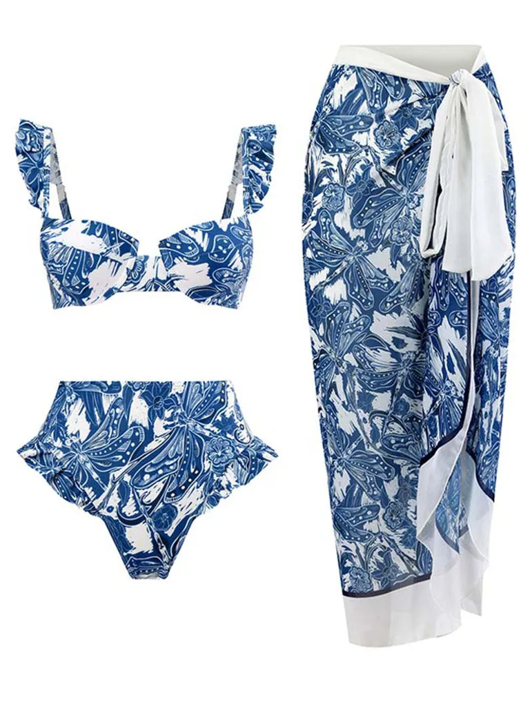 Floral Print Retro Style Strap Bikini Two Piece With Bathing Suit Wrap Skirt