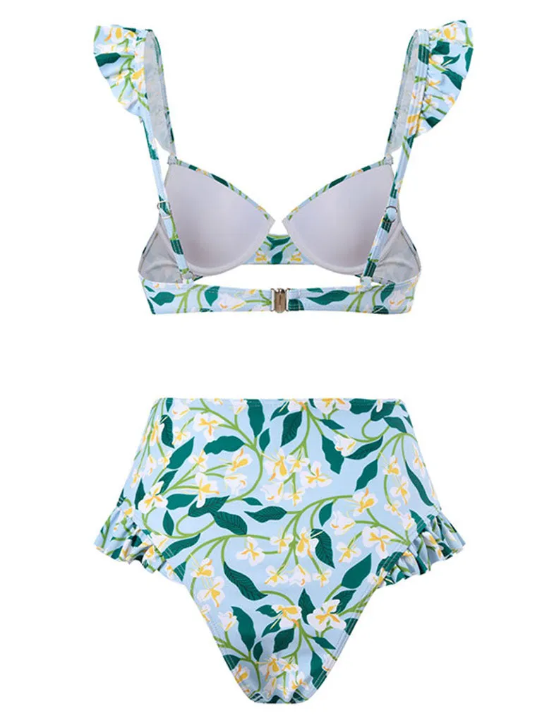 Floral Print Retro Style Strap Bikini Two Piece With Bathing Suit Wrap Skirt