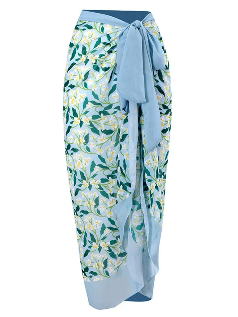 Floral Print Retro Style Strap Bikini Two Piece With Bathing Suit Wrap Skirt