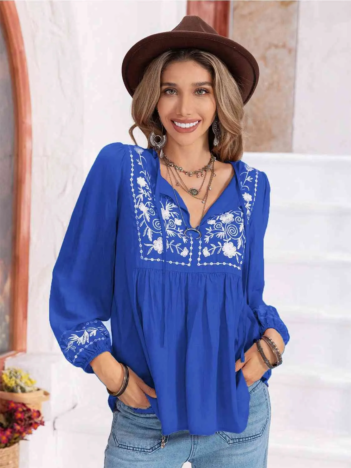 Floral Tie Neck Balloon Sleeve Blouse (6 Colors)