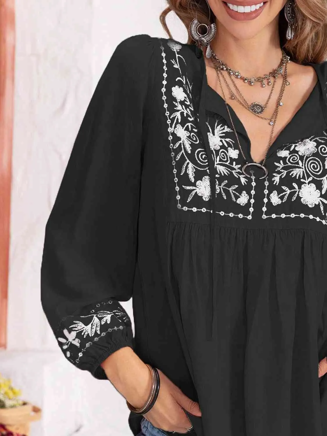 Floral Tie Neck Balloon Sleeve Blouse (6 Colors)