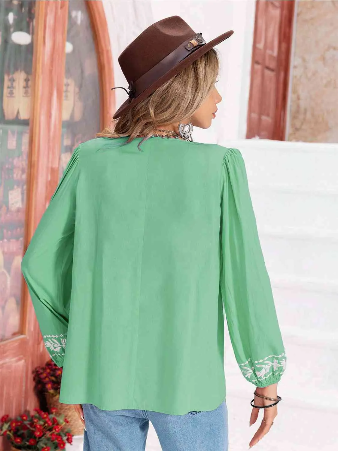 Floral Tie Neck Balloon Sleeve Blouse (6 Colors)