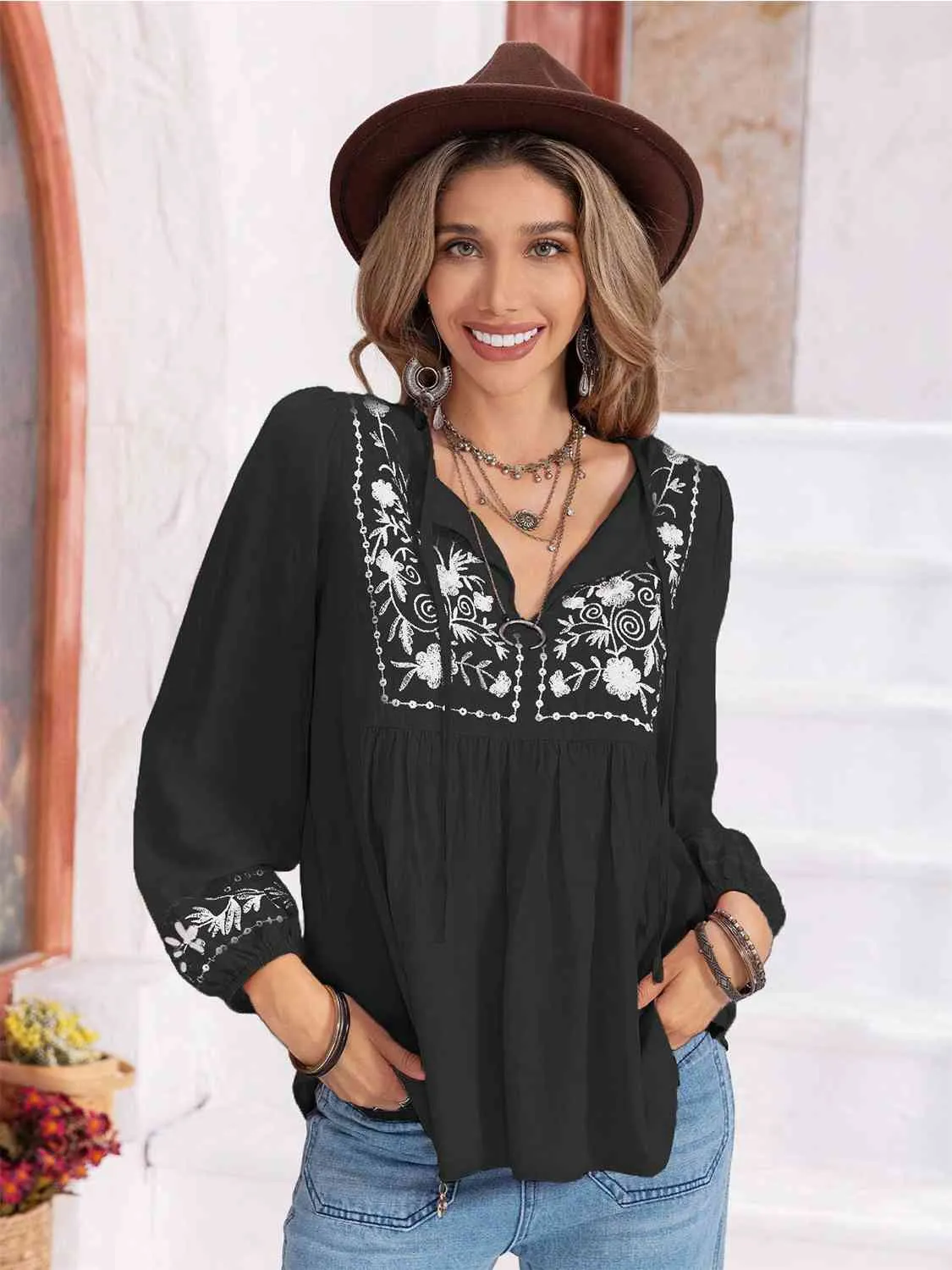 Floral Tie Neck Balloon Sleeve Blouse (6 Colors)