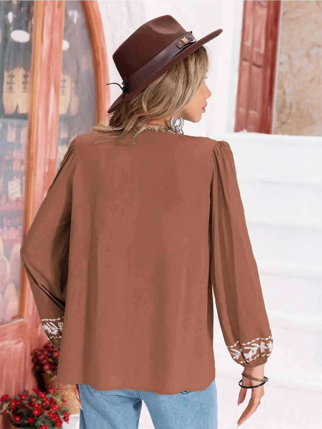 Floral Tie Neck Balloon Sleeve Blouse (6 Colors)