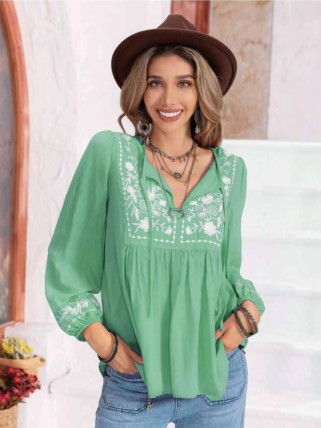 Floral Tie Neck Balloon Sleeve Blouse (6 Colors)