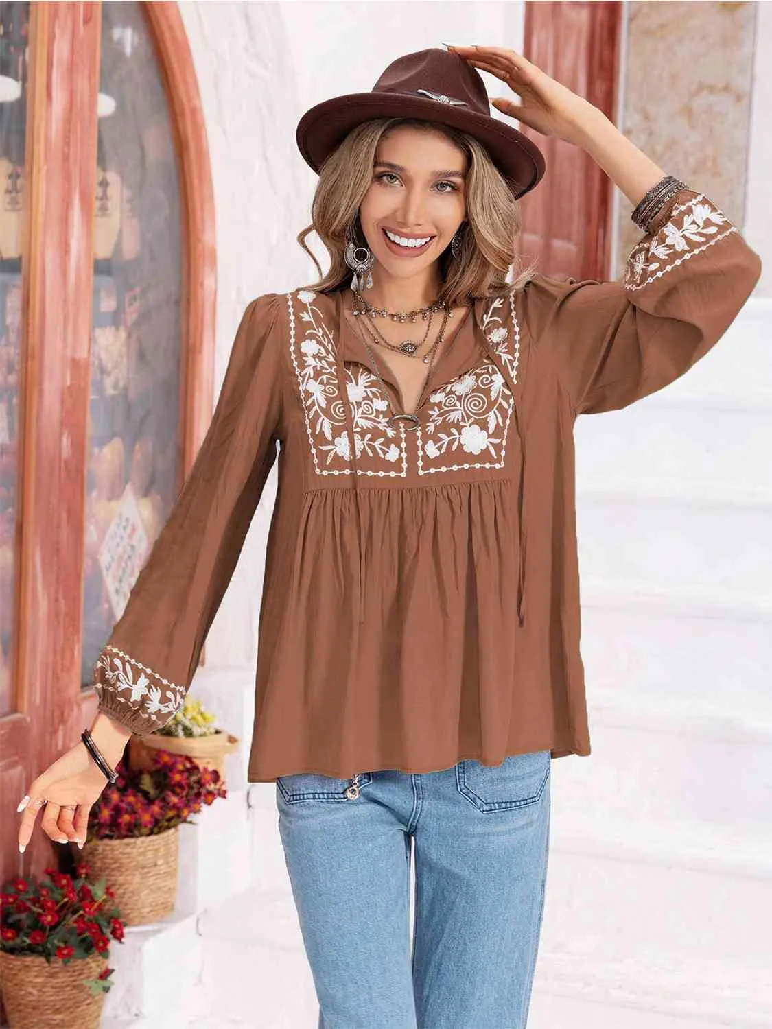 Floral Tie Neck Balloon Sleeve Blouse (6 Colors)