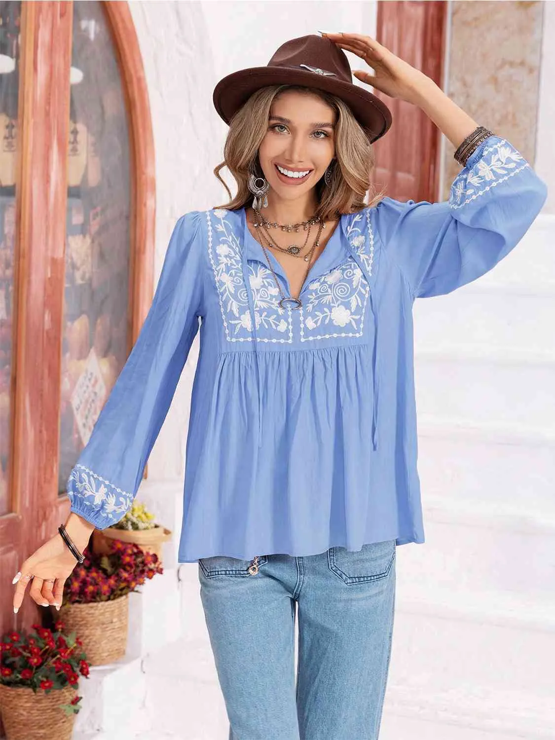 Floral Tie Neck Balloon Sleeve Blouse (6 Colors)