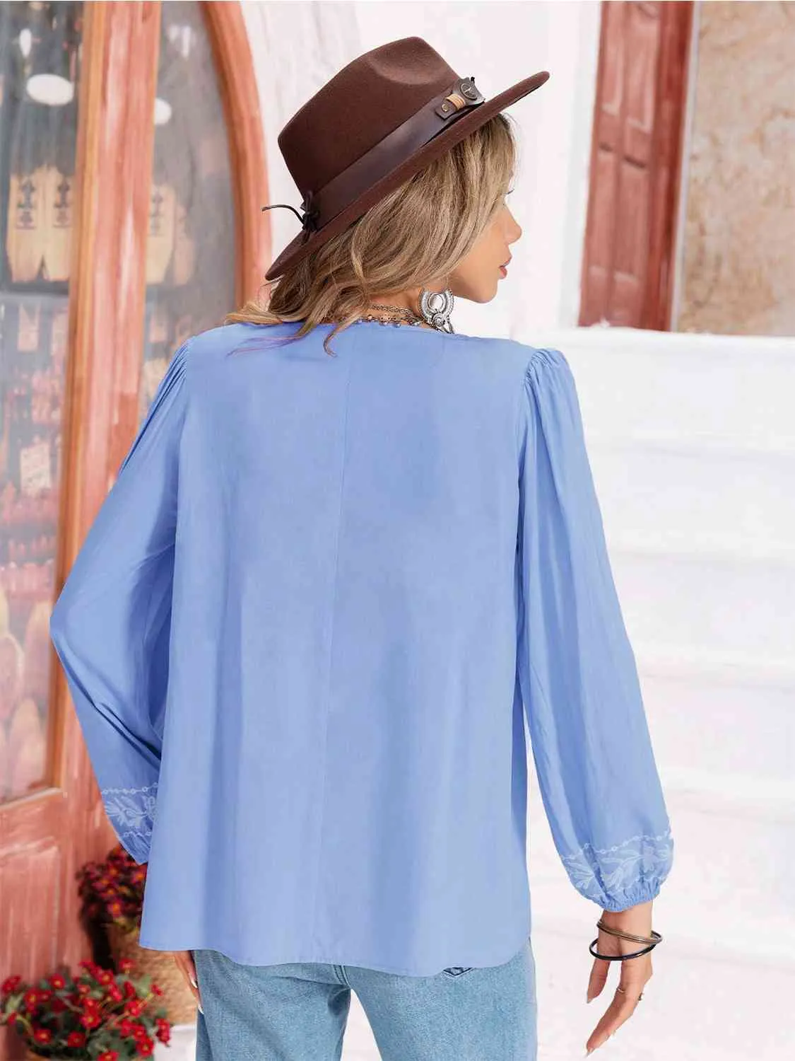 Floral Tie Neck Balloon Sleeve Blouse (6 Colors)