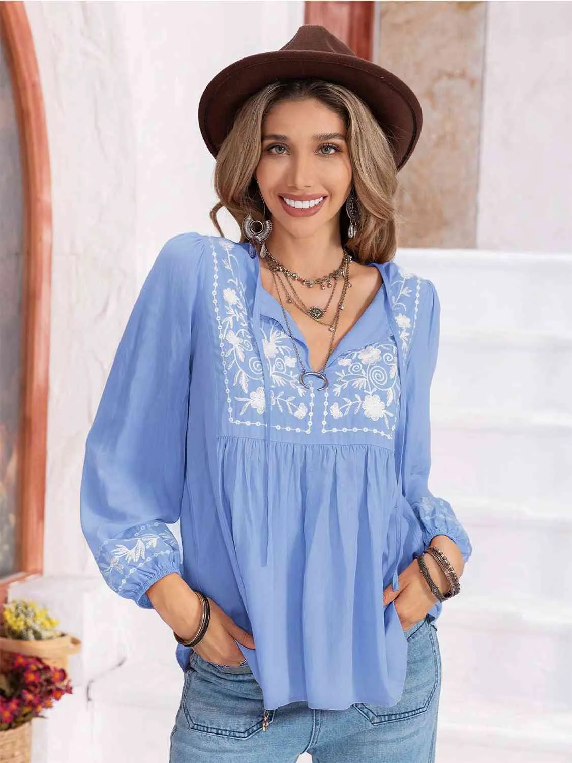Floral Tie Neck Balloon Sleeve Blouse (6 Colors)