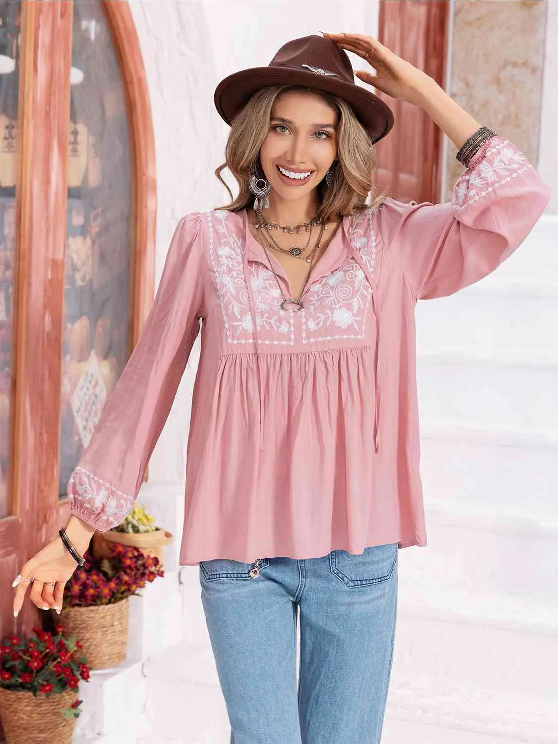 Floral Tie Neck Balloon Sleeve Blouse (6 Colors)